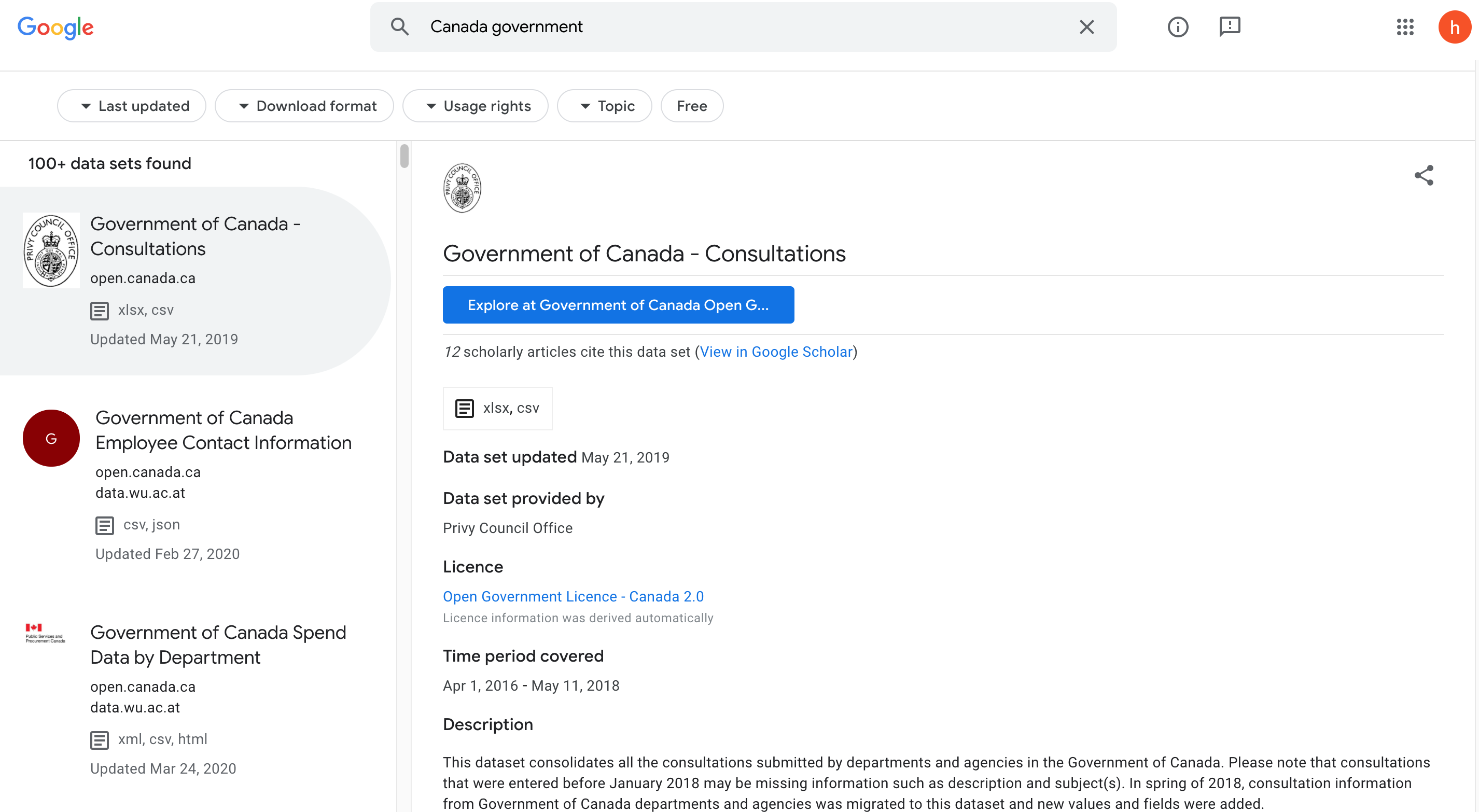 Google Dataset Canada government